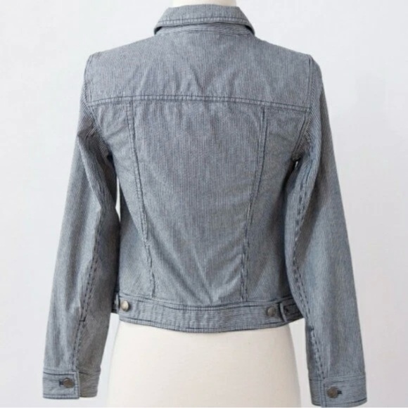 Talbots Petite Jean Jacket Blue White Railroad Thin Pinstripe Denim Collar Large - Picture 3 of 12